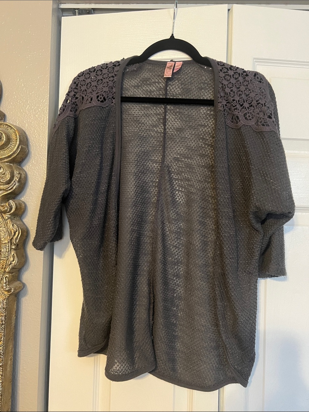 Dolled Up Gray Open-Front Crochet Shoulder Cardigan